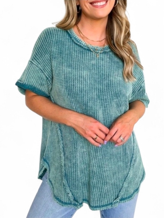 Zenana Outfitters Tops - ZENANA Teal Waffle Knit Exposed Seam Oversized Boho Short Sleeve Top - L / XL